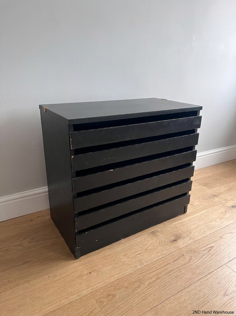 Black 6-Drawer Office Filing Unit — Visible Surface Scuffs and Chipping