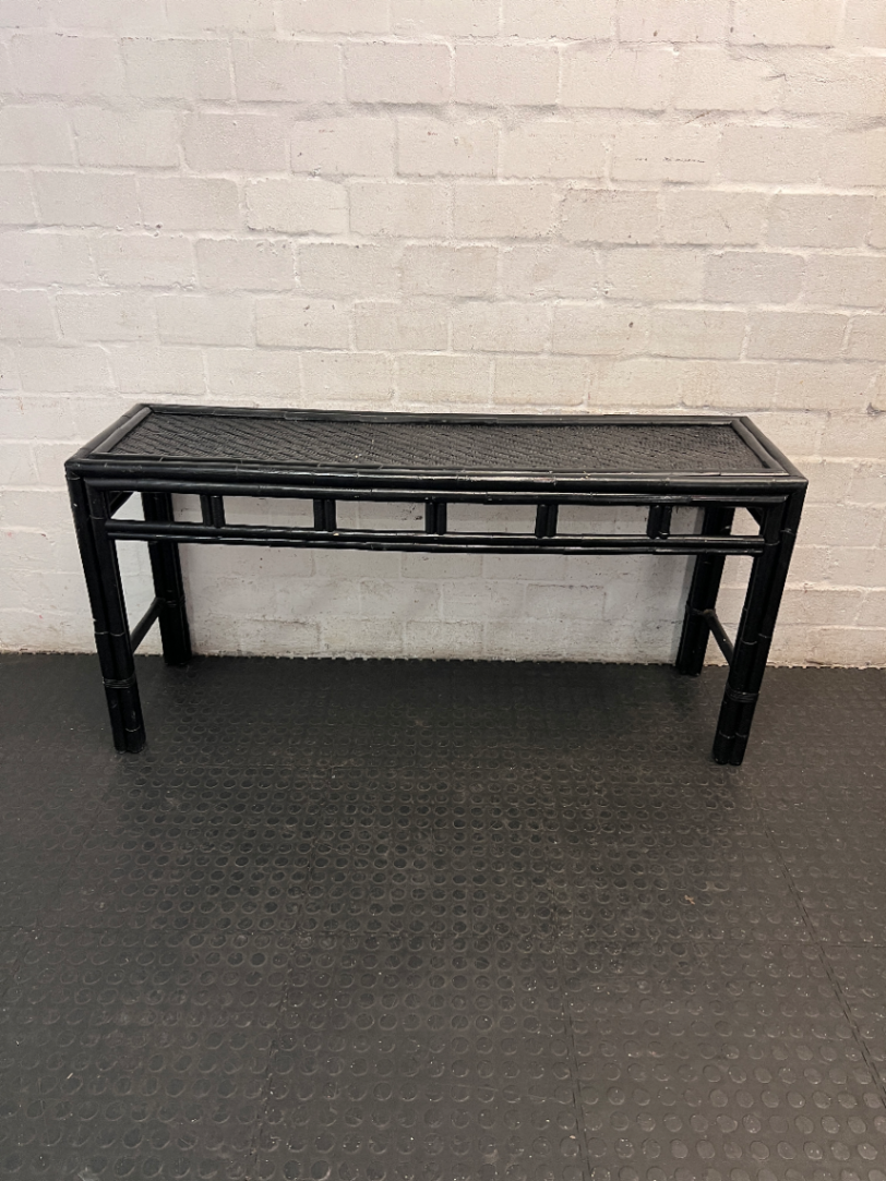 Black Bamboo Style Console Table with Woven Top — Used; Fair Condition - 2ndhandwarehouse.com