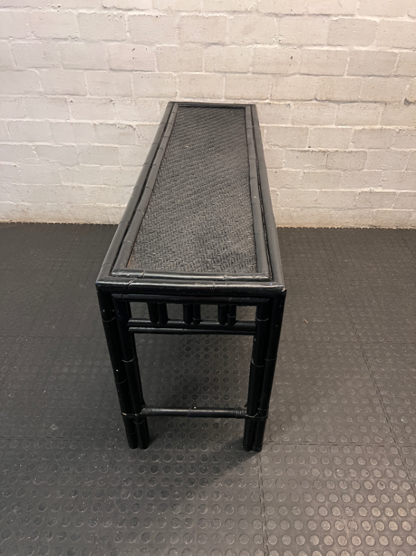 Black Bamboo Style Console Table with Woven Top — Used; Fair Condition - 2ndhandwarehouse.com