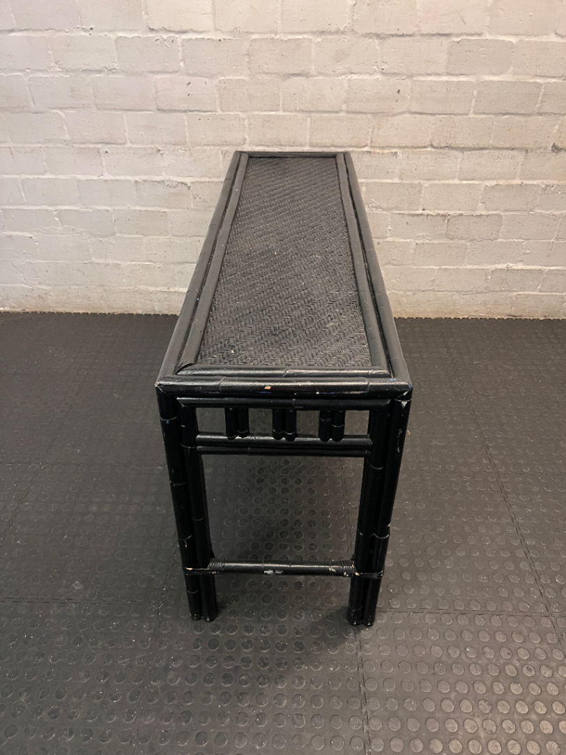 Black Bamboo Style Console Table with Woven Top — Used; Fair Condition - 2ndhandwarehouse.com