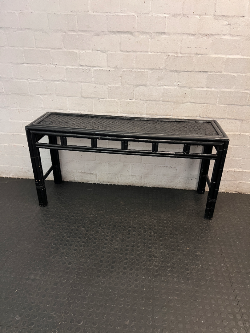 Black Bamboo Style Console Table with Woven Top — Used; Fair Condition - 2ndhandwarehouse.com