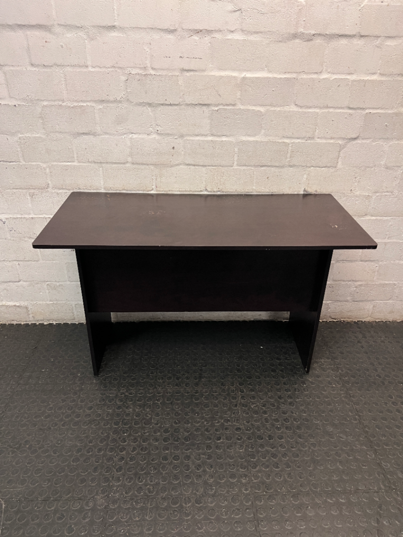 Black Compact Office Desk with Two Drawers — Visible Surface Wear