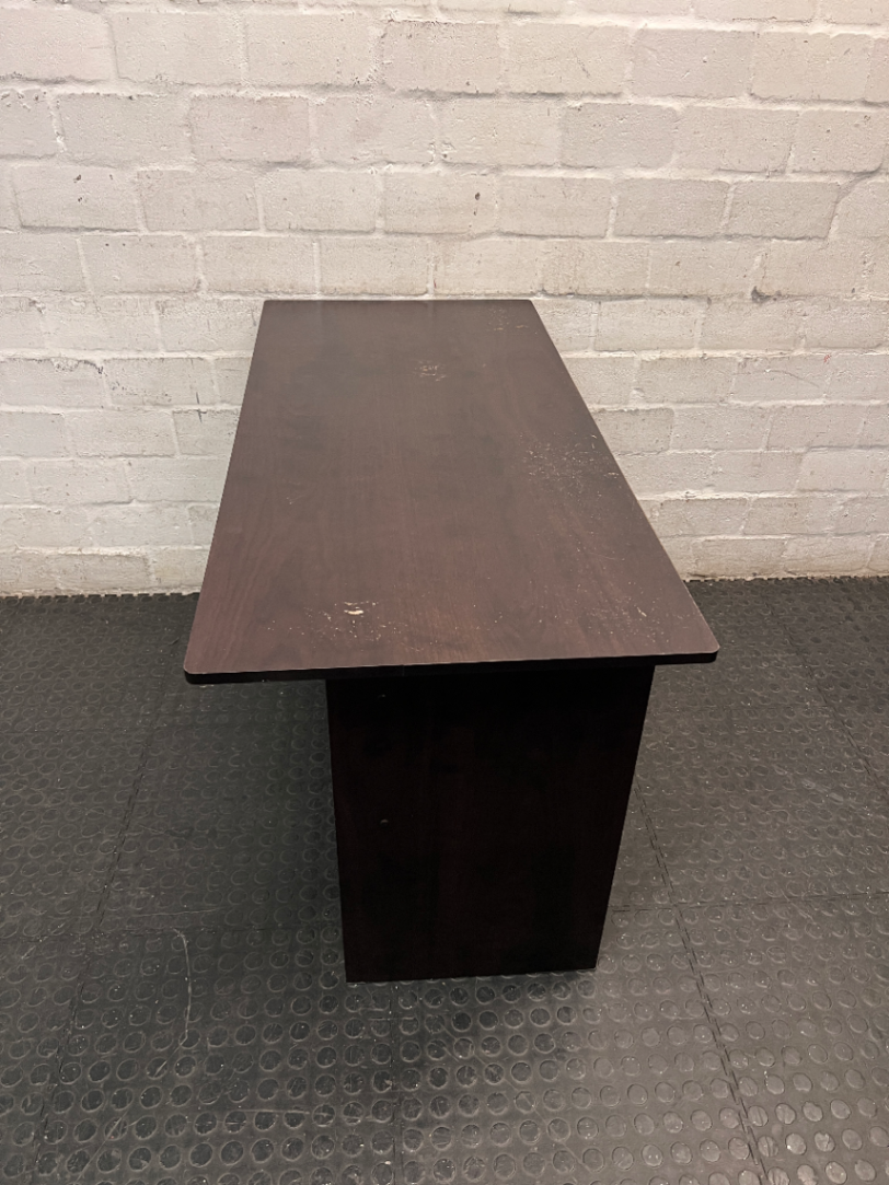 Black Compact Office Desk with Two Drawers — Visible Surface Wear