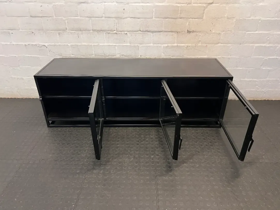 Black Industrial Metal 3-Door TV Unit - Fair Condition - 2ndhandwarehouse.com