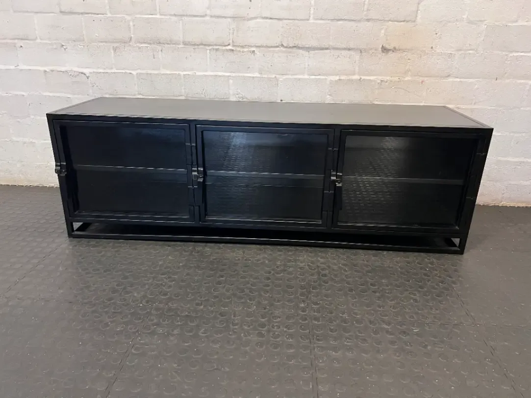 Black Industrial Metal 3-Door TV Unit - Fair Condition - 2ndhandwarehouse.com