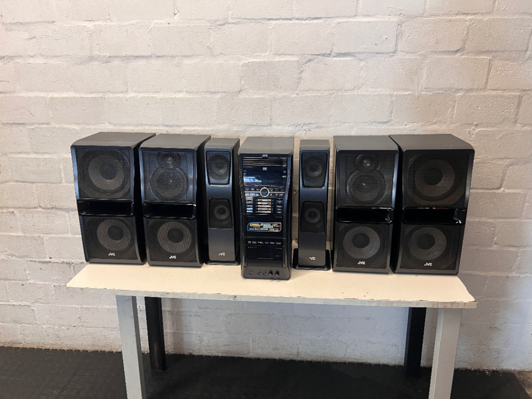 Black JVC Home Audio System with Speakers — Good Working Order in Fair Condition - 2ndhandwarehouse.com