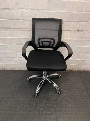 Black Mesh Mid-Back Office Chair with Chrome Base — Good Condition with Scuffs on Armrest