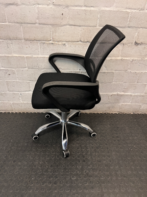 Black Mesh Mid-Back Office Chair with Chrome Base — Good Condition with Scuffs on Armrest