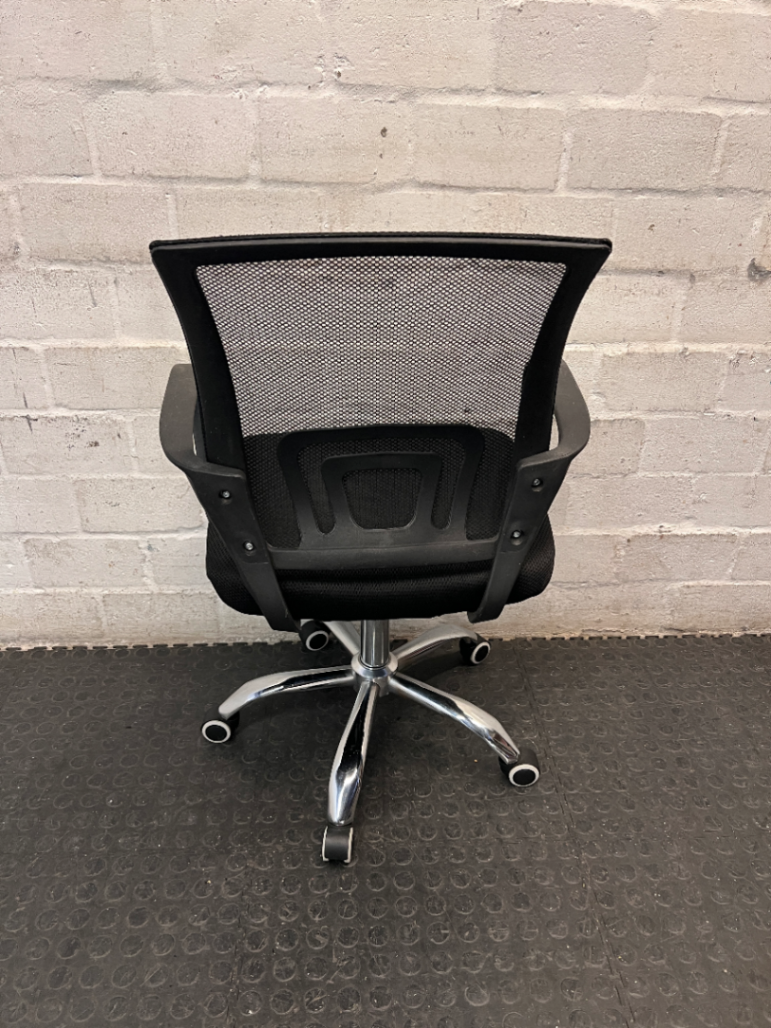 Black Mesh Mid-Back Office Chair with Chrome Base — Good Condition with Scuffs on Armrest