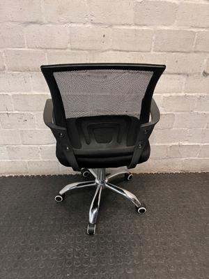 Black Mesh Mid-Back Office Chair with Chrome Base — Good Condition with Scuffs on Armrest