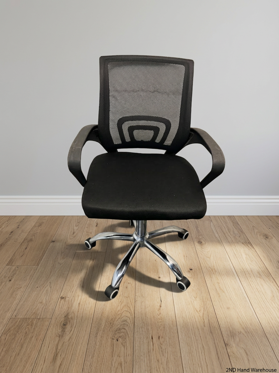 Black Mesh Mid-Back Office Chair with Chrome Base — Good Condition with Scuffs on Armrest