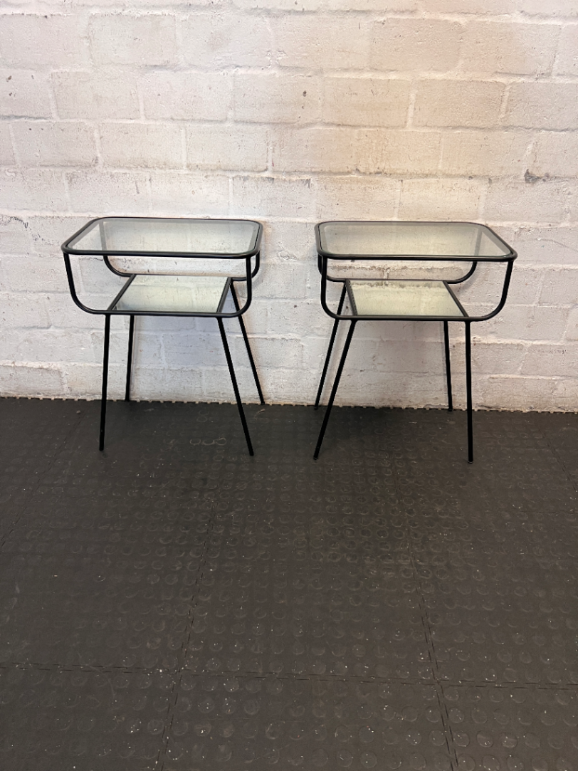 Black Metal Pedestal Table with Glass Top and Mirror Shelf - Fair Condition - 2ndhandwarehouse.com