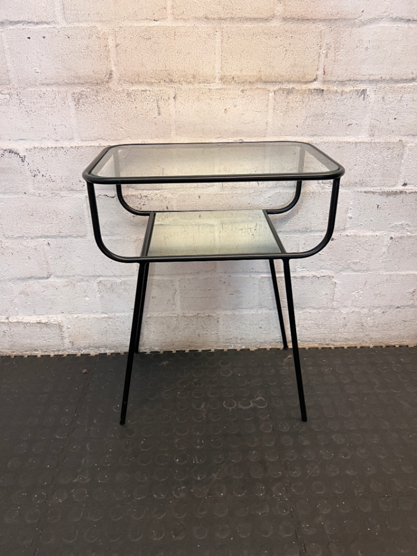 Black Metal Pedestal Table with Glass Top and Mirror Shelf - Fair Condition - 2ndhandwarehouse.com