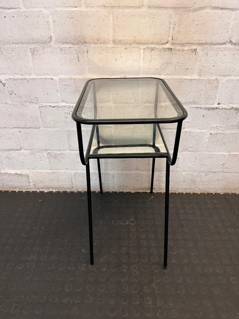 Black Metal Pedestal Table with Glass Top and Mirror Shelf - Fair Condition - 2ndhandwarehouse.com