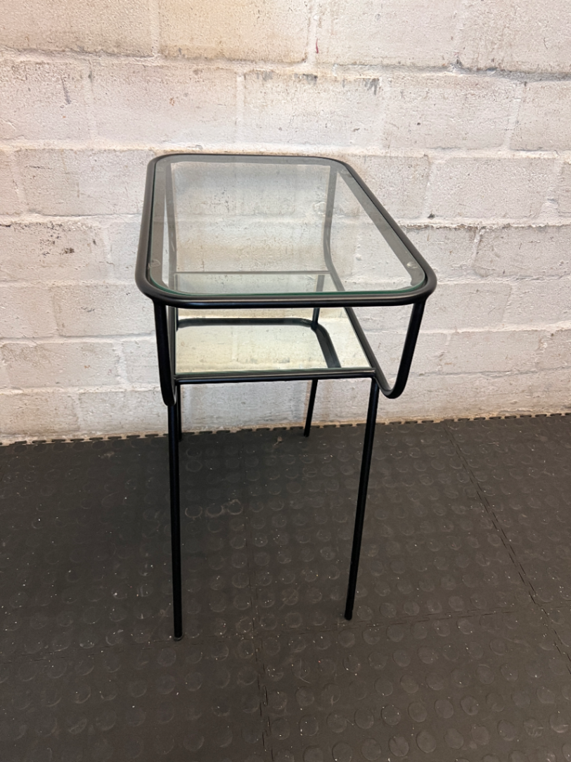 Black Metal Pedestal Table with Glass Top and Mirror Shelf - Fair Condition - 2ndhandwarehouse.com