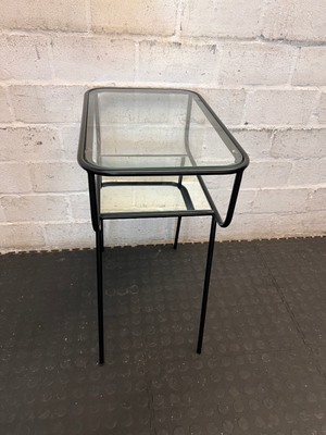 Black Metal Pedestal Table with Glass Top and Mirror Shelf - Fair Condition - 2ndhandwarehouse.com