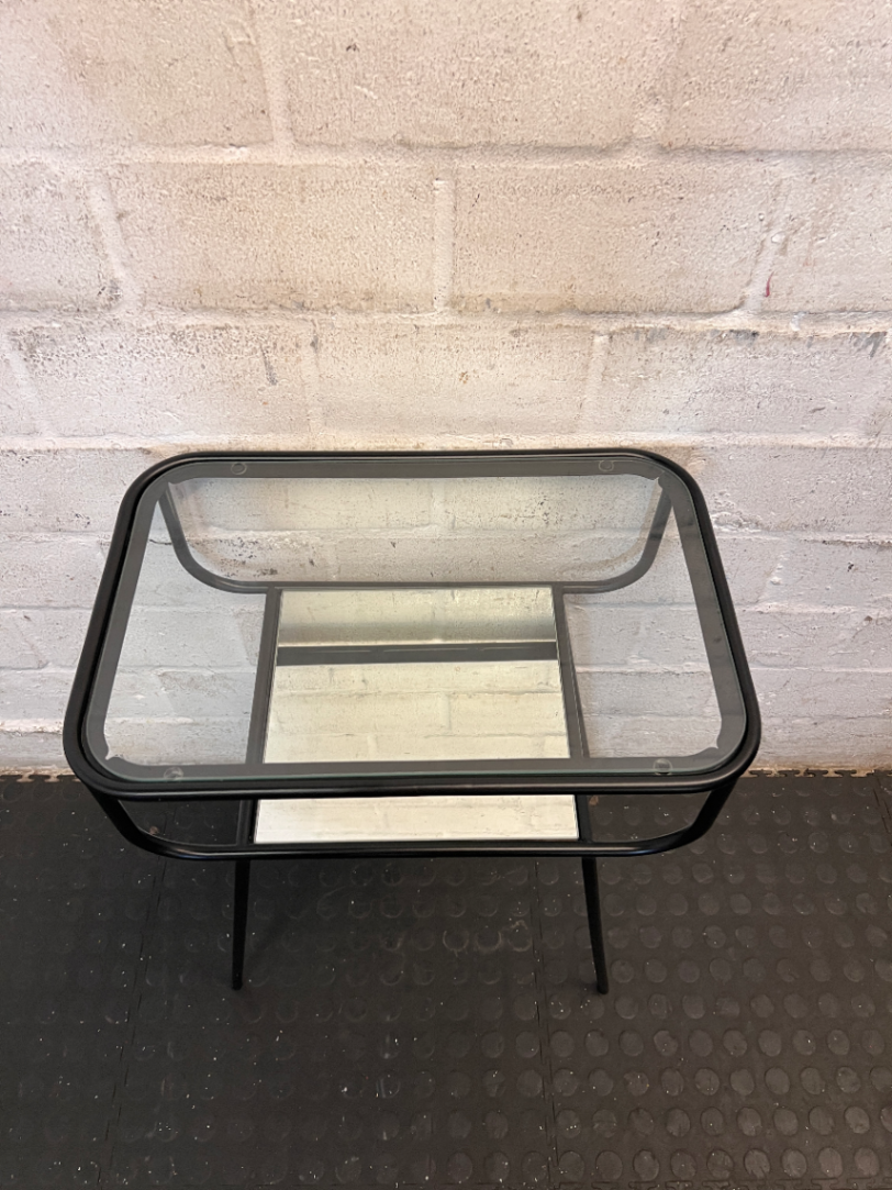 Black Metal Pedestal Table with Glass Top and Mirror Shelf - Fair Condition - 2ndhandwarehouse.com