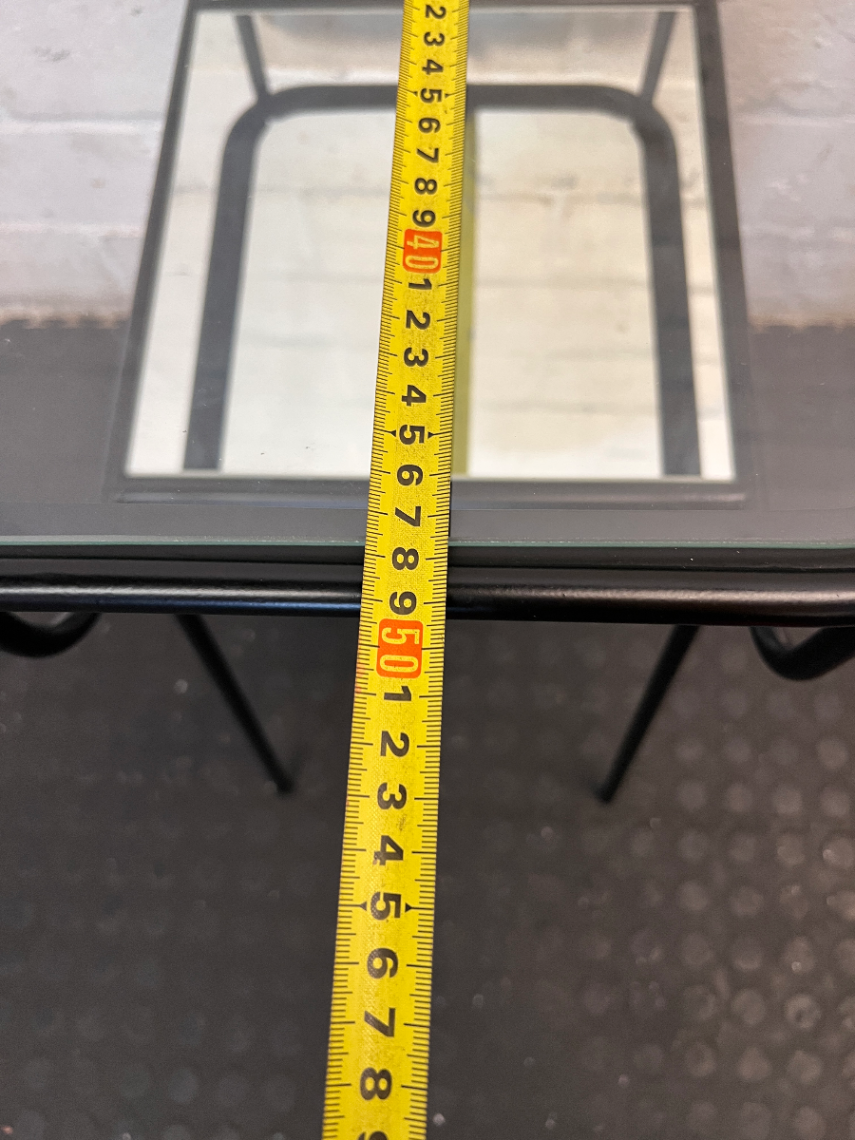Black Metal Pedestal Table with Glass Top and Mirror Shelf - Fair Condition - 2ndhandwarehouse.com