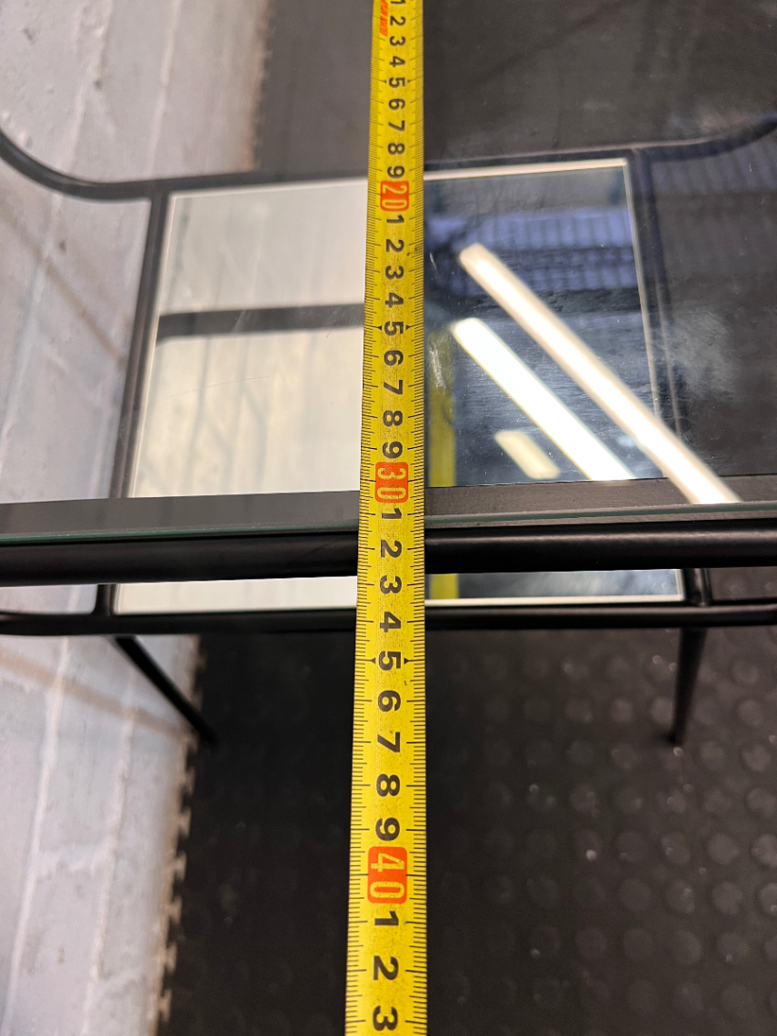 Black Metal Pedestal Table with Glass Top and Mirror Shelf - Fair Condition - 2ndhandwarehouse.com