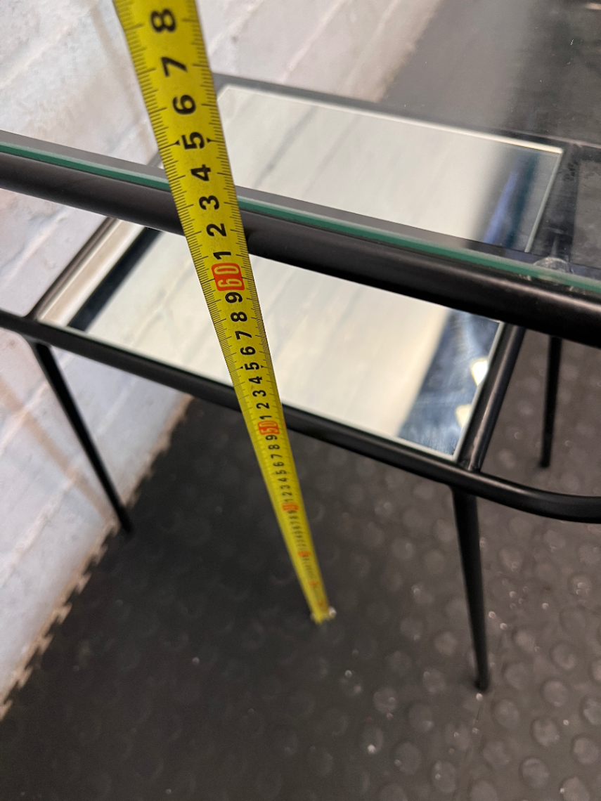 Black Metal Pedestal Table with Glass Top and Mirror Shelf - Fair Condition - 2ndhandwarehouse.com