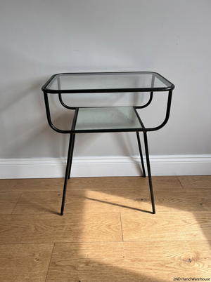 Black Metal Pedestal Table with Glass Top and Mirror Shelf - Fair Condition - 2ndhandwarehouse.com