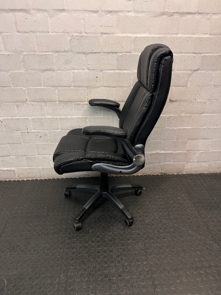 Black Mid-Back Swivel Office Chair with Contrast Stitching — Visible Wear; One Chair Has Unattached Armrests