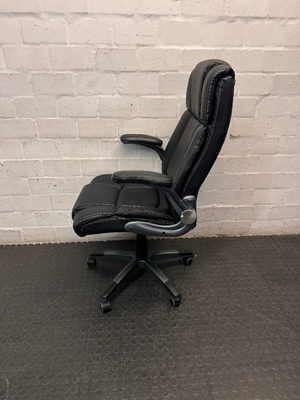 Black Mid-Back Swivel Office Chair with Contrast Stitching — Visible Wear; One Chair Has Unattached Armrests