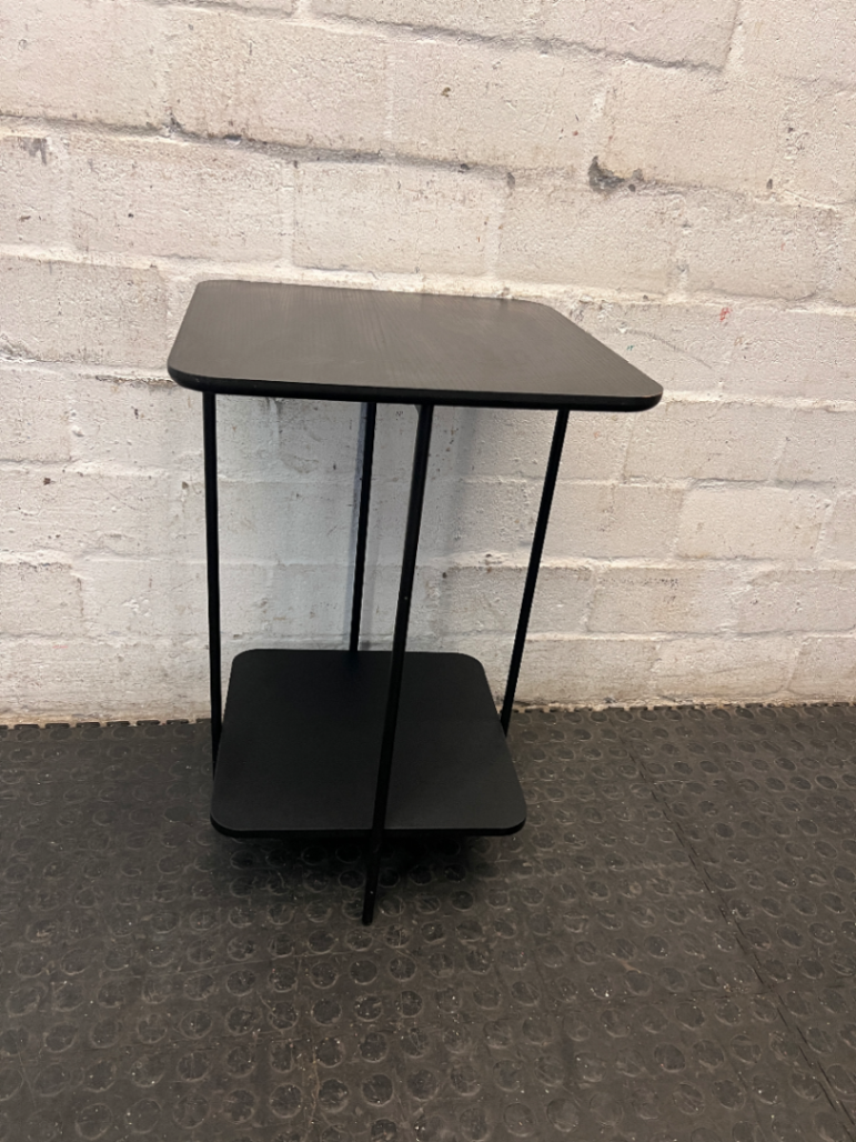 Black Minimalist Tiered Side Table — Fair Used Condition with Surface Wear