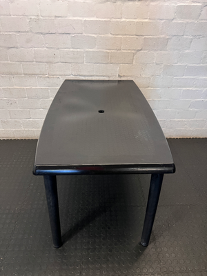 Black Plastic Outdoor Table - Bowed/Well Used Condition - 2ndhandwarehouse.com