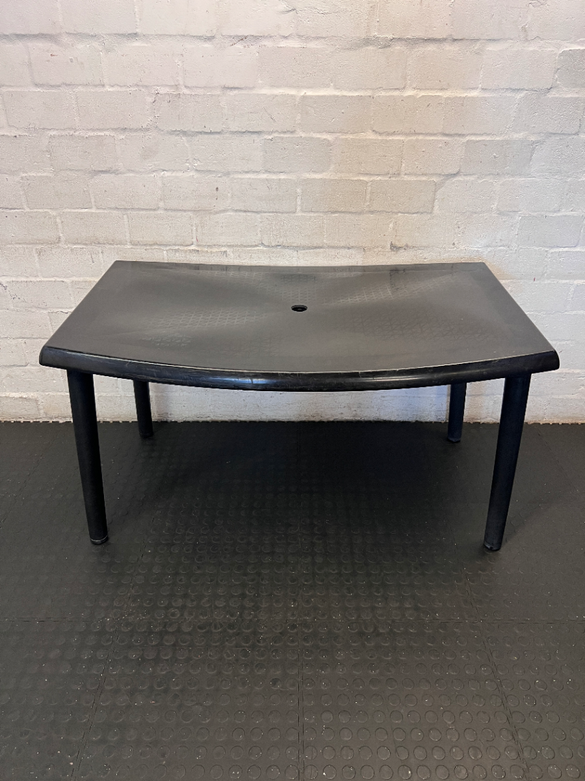 Black Plastic Outdoor Table - Bowed/Well Used Condition - 2ndhandwarehouse.com