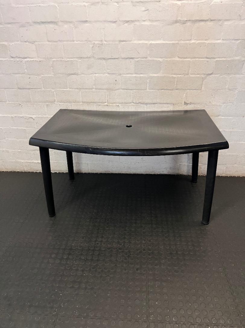 Black Plastic Outdoor Table - Bowed/Well Used Condition - 2ndhandwarehouse.com