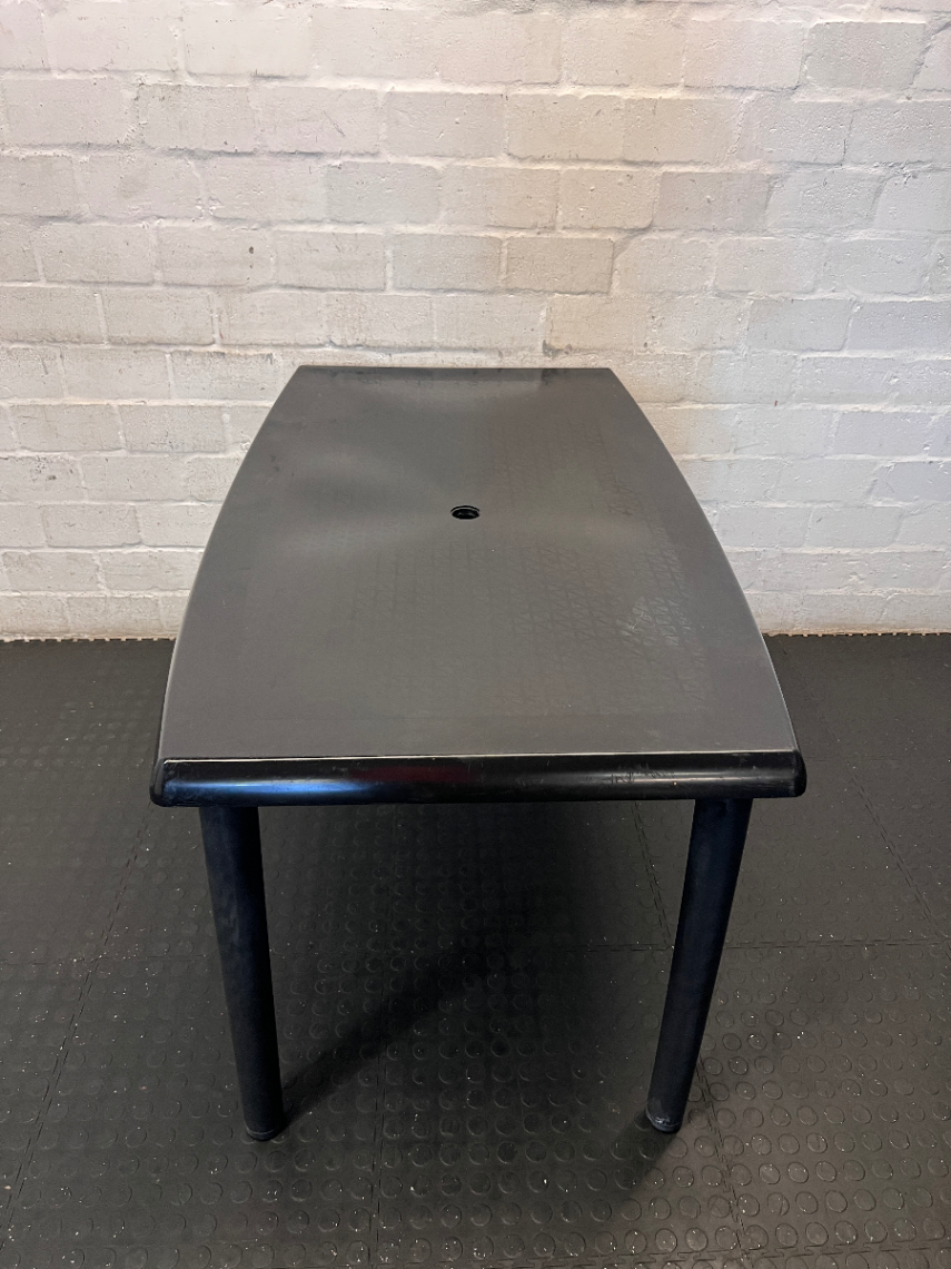 Black Plastic Outdoor Table - Bowed/Well Used Condition - 2ndhandwarehouse.com