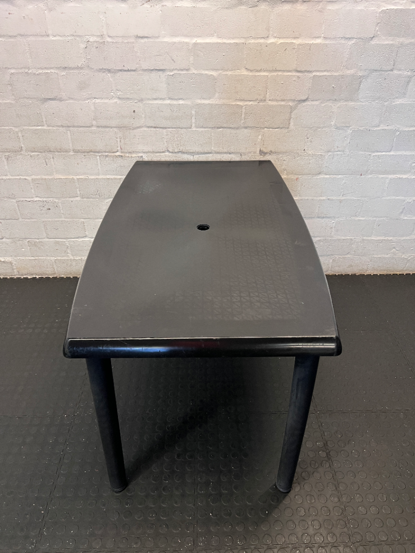 Black Plastic Outdoor Table - Bowed/Well Used Condition - 2ndhandwarehouse.com