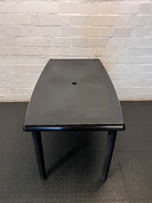 Black Plastic Outdoor Table - Bowed/Well Used Condition - 2ndhandwarehouse.com