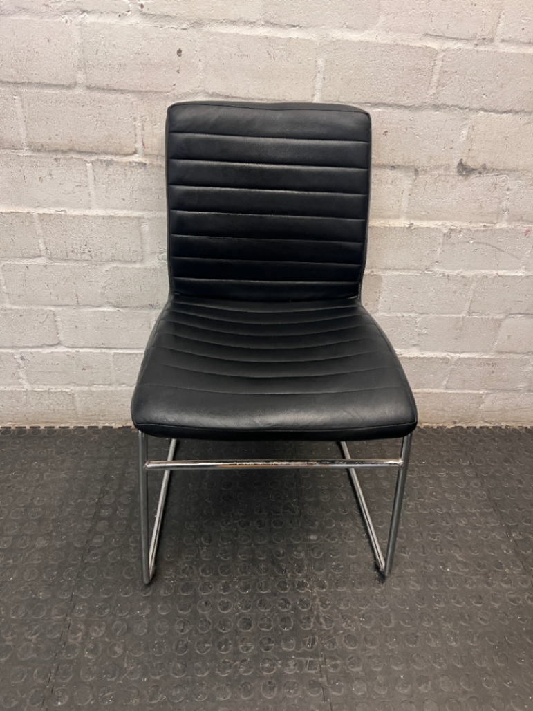 Black Ribbed Faux Leather Dining Chair with Chrome Frame — Small Tear on Seat Upholstery
