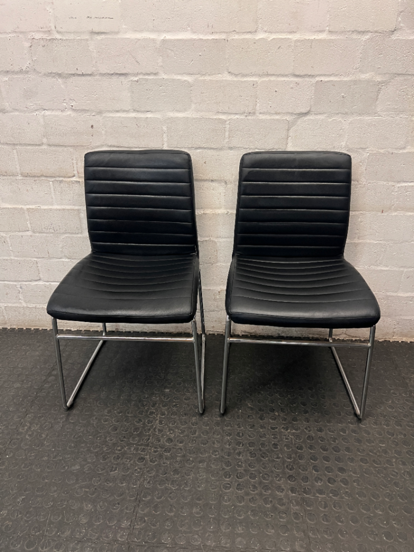 Black Ribbed Faux Leather Dining Chair with Chrome Frame — Small Tear on Seat Upholstery