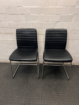 Black Ribbed Faux Leather Dining Chair with Chrome Frame — Small Tear on Seat Upholstery