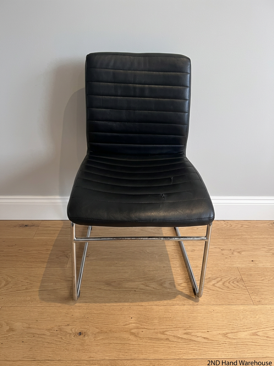 Black Ribbed Faux Leather Dining Chair with Chrome Frame — Small Tear on Seat Upholstery