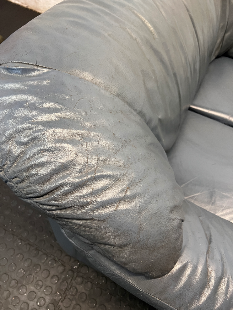 Blue 2-Seater Leather Couch - Well Used, Visible Creasing & Seam Tear - 2ndhandwarehouse.com