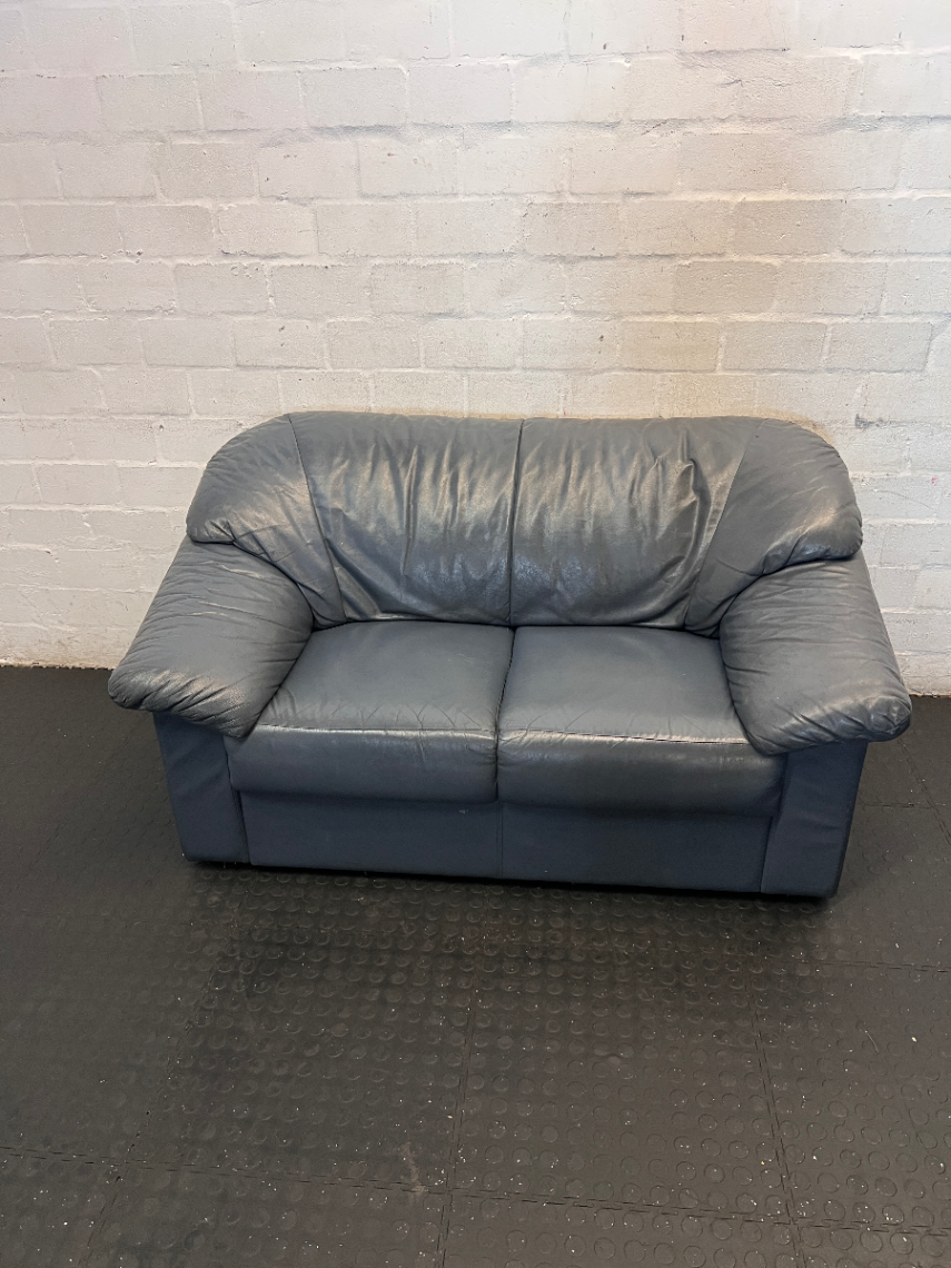 Blue 2-Seater Leather Couch - Well Used, Visible Creasing & Seam Tear - 2ndhandwarehouse.com