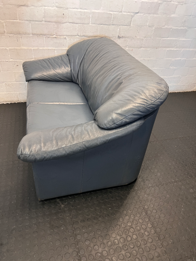 Blue 2-Seater Leather Couch - Well Used, Visible Creasing & Seam Tear - 2ndhandwarehouse.com