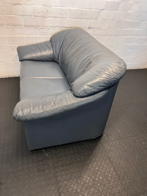 Blue 2-Seater Leather Couch - Well Used, Visible Creasing & Seam Tear - 2ndhandwarehouse.com