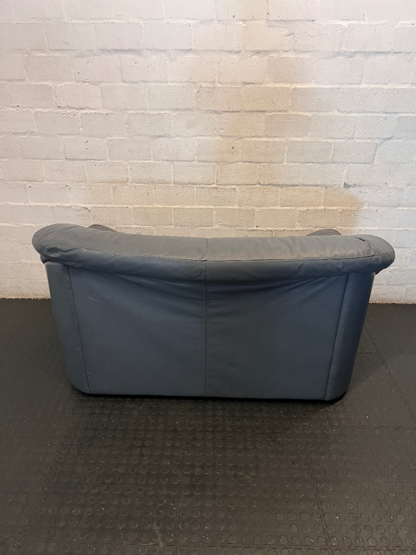 Blue 2-Seater Leather Couch - Well Used, Visible Creasing & Seam Tear - 2ndhandwarehouse.com