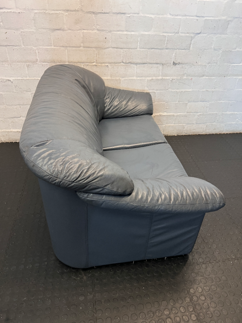 Blue 2-Seater Leather Couch - Well Used, Visible Creasing & Seam Tear - 2ndhandwarehouse.com
