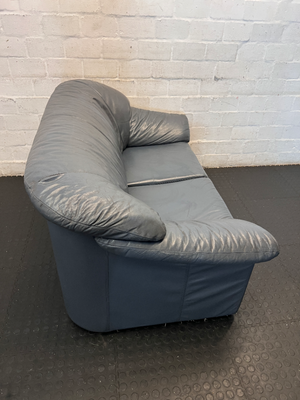 Blue 2-Seater Leather Couch - Well Used, Visible Creasing & Seam Tear - 2ndhandwarehouse.com