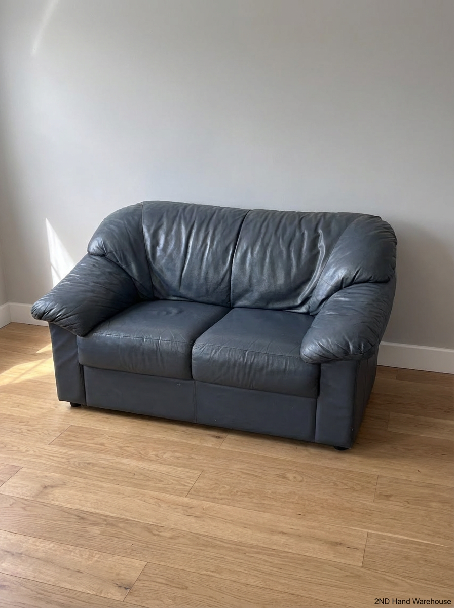 Blue 2-Seater Leather Couch - Well Used, Visible Creasing & Seam Tear - 2ndhandwarehouse.com