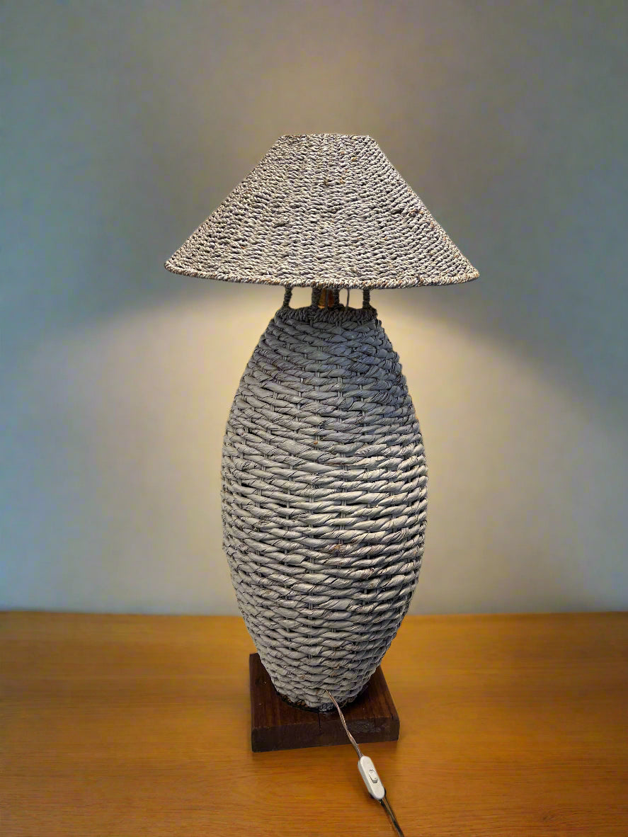 Bohemian Woven Table Lamp with Natural Finish & Minor Wear