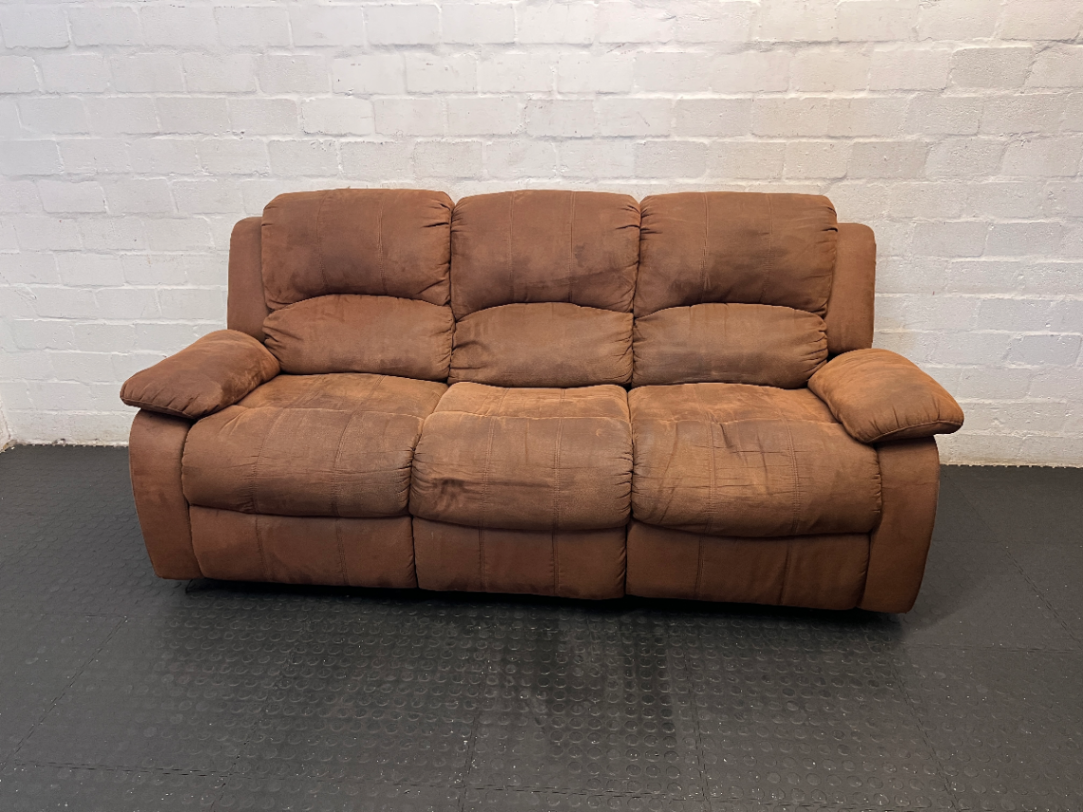 Brown Fabric 3 Seater Recliner - Damaged Springs on Ends - 2ndhandwarehouse.com