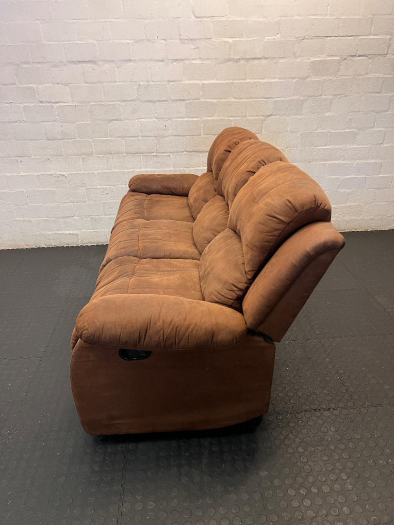 Brown Fabric 3 Seater Recliner - Damaged Springs on Ends - 2ndhandwarehouse.com