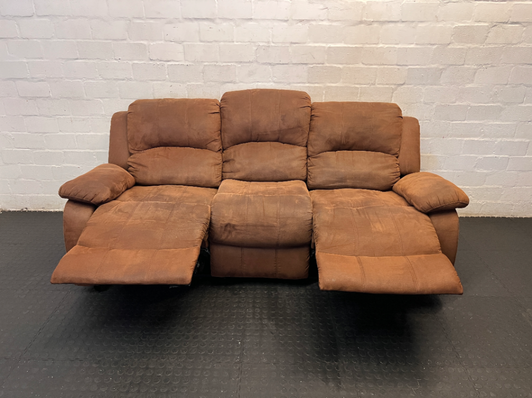 Brown Fabric 3 Seater Recliner - Damaged Springs on Ends - 2ndhandwarehouse.com